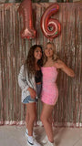 Cute Pink Sequined Tube Top With Back Straps And Hip Wrap 17th Birthday Homecoming Dress HZ1022
