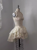 Vintage Jacquard Halter Neck Lace Trim Mini Birthday Skirt Homecoming Dress HZ1022