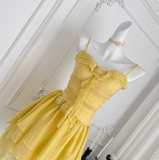 Beautiful Yellow Suspender Flower Irregular Ruffle Chiffon 17th Birthday Short Skirt Homecoming Dress HZ1022