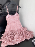 Sweet Suspender Pleated Three-dimensional Flower Ruffle Pink Birthday Skirt Homecoming Dress HZ1022