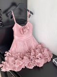 Sweet Suspender Pleated Three-dimensional Flower Ruffle Pink Birthday Skirt Homecoming Dress HZ1022