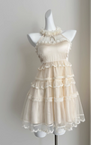 Sweet Three-dimensional Flower Halter Neck Strap Sleeveless Lace Splicing Mesh Cake Birthday Skirt Homecoming Dress HZ1022