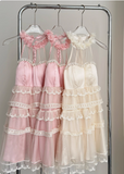 Sweet Three-dimensional Flower Halter Neck Strap Sleeveless Lace Splicing Mesh Cake Birthday Skirt Homecoming Dress HZ1022