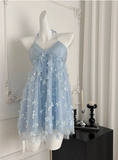 Sweet Light Blue Heavy Sequin Embroidery Three-dimensional Flower Halter Neck Mesh Birthday Short Skirt Homecoming Dress HZ1022