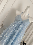 Sweet Light Blue Heavy Sequin Embroidery Three-dimensional Flower Halter Neck Mesh Birthday Short Skirt Homecoming Dress HZ1022