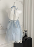 Sweet Light Blue Heavy Sequin Embroidery Three-dimensional Flower Halter Neck Mesh Birthday Short Skirt Homecoming Dress HZ1022
