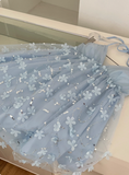 Sweet Light Blue Heavy Sequin Embroidery Three-dimensional Flower Halter Neck Mesh Birthday Short Skirt Homecoming Dress HZ1022