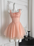 Sweet Suspender Square Neck Tie Mesh Puffy Birthday Skirt Homecoming Dress HZ1022