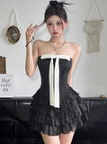 Sweet Black Tube Top Bowknot Herringbone Cake Skirt Homecoming Dress HZ1022