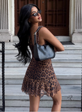 Sexy Hot Girl Ear Lace Leopard Print Low-cut V-neck Birthday Skirt Homecoming Dress HZ1022