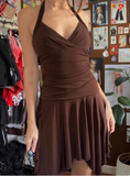 Irregular Halter Neck V-neck Brown Waisted Birthday Short Skirt Homecoming Dress HZ1022