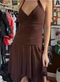 Irregular Halter Neck V-neck Brown Waisted Birthday Short Skirt Homecoming Dress HZ1022