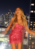 Shiny Pink Sequined Tassel Tube Top Slim Fit 17th Birthday Homecoming Dress HZ1022