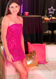 Shiny Pink Sequined Tassel Tube Top Slim Fit 17th Birthday Homecoming Dress HZ1022