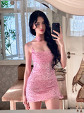 Shiny Pink Sequined Suspender Tube Top Hip 17th Birthday Homecoming Dress HZ1022