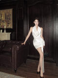 Elegant Satin Backless Halter Neck White Slim Fit Birthday Short Skirt Homecoming Dress HZ1022