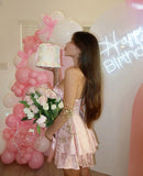 Sweet Satin Tube Top Herringbone Pink Dark Pattern A-line 17th Birthday Homecoming Dress HZ1022