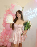 Sweet Satin Tube Top Herringbone Pink Dark Pattern A-line 17th Birthday Homecoming Dress HZ1022