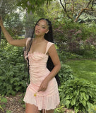 Cute Pink Shoulder Strap Pleated Drawstring Birthday Short Skirt Homecoming Dress HZ1022