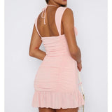 Cute Pink Shoulder Strap Pleated Drawstring Birthday Short Skirt Homecoming Dress HZ1022