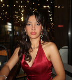 Elegant Burgundy V-neck Halter Satin A-line Birthday Short Skirt Homecoming Dress HZ1022