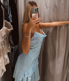 Beautiful Swing Neck Strap Sequin Blue Ruffle 17th Birthday Homecoming Dress HZ1022