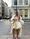 Elegant Embroidered Ivory Strapless Satin Flower Bud Birthday Dress Homecoming Dress HZ1022