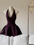 Heavy Diamond Purple Sequined Halter Neck A-line 19th Birthday Homecoming Dress HZ1022