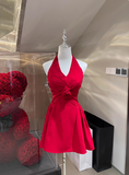 Elegant Halter Neck Red Satin A-Line Birthday Short Skirt Homecoming Dress HZ1022