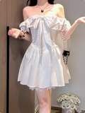 Sweet Bow Shoulder Lace A-line Birthday Short Skirt Homecoming Dress HZ1022