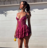 Sexy Purple Lace Halter Waist Hollow Birthday Cake Skirt Homecoming Dress HZ1022