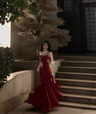 Stunning Mermaid Spaghetti Straps Long Wine Red Prom Dress Birthday Outfits HZ1022