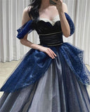 Gothic Glitter Blue Princess Tulle Prom Dress Blue Long Evening Dress HZ1022