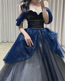 Gothic Glitter Blue Princess Tulle Prom Dress Blue Long Evening Dress HZ1022