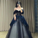 Gothic Glitter Blue Princess Tulle Prom Dress Blue Long Evening Dress HZ1022