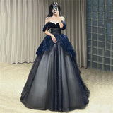 Gothic Glitter Blue Princess Tulle Prom Dress Blue Long Evening Dress HZ1022