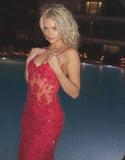 Beautiful Spaghetti Straps Birthday Party Dresses Red Lace Prom Dresses HZ1022