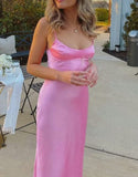 Simple A line Straps Sleeveless Party Dress Silk Satin Pink Prom Dress HZ1022