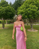 Simple A line Straps Sleeveless Party Dress Silk Satin Pink Prom Dress HZ1022