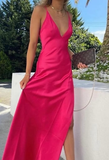 Sexy A line V neckline Sleeveless Party Dress Hot Pink Prom Dress HZ1022