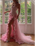 Sexy A line Sweetheart Sleeveless Party Dress Pink Slit Flowers Prom Dress HZ1022