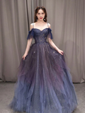 A-Line Purple Gradient Tulle Long Prom Dress HZ1022