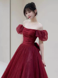Princess Tulle Burgundy Long Prom Dresses HZ1022