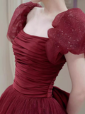 Princess Tulle Burgundy Long Prom Dresses HZ1022