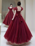 Princess Tulle Burgundy Long Prom Dresses HZ1022