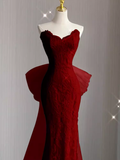 Sexy Mermaid Strapless Red Lace Long Prom Dress HZ1022