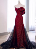 Mermaid Strapless Long Burgundy Prom Dress HZ1022