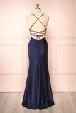 Sexy Mermaid Halter Sleeveless Navy Blue Long Prom Dresses HZ1022
