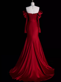 Mermaid Off The Shoulder Burgundy Long Satin Prom Dresses HZ1022