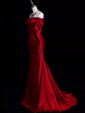 Mermaid Off The Shoulder Burgundy Long Satin Prom Dresses HZ1022